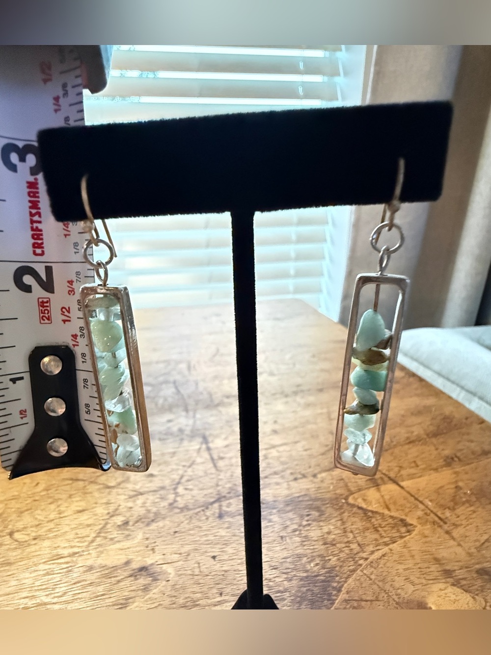 Boho Silver Rectangular Frame Dangle Earrings with Natural Gemstone Chips - Picture 3 of 3